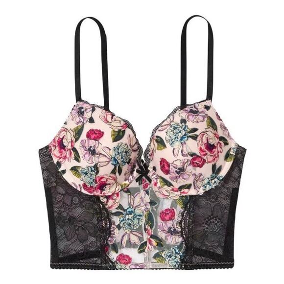 NWT Victoria's Secret ROSE EMBROIDERED Push Up Longline Bra TOP 36D - Picture 1 of 6